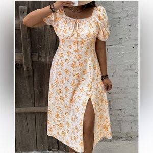 Lioness Floral Puff Sleeve Midi Dress Orange Cream